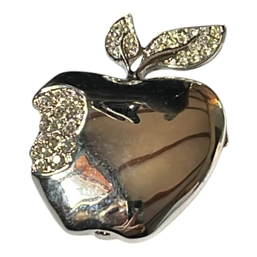 Silver and Rhinestone Apple Brooch - Picture 5 of 7